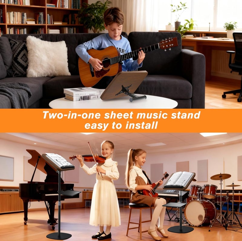 NAMON Floor Music Stand with Tray – 180° Adjustable Solid Wood Desk, Height Adjustable from 16.5 to 51 Inches – Perfect for Projectors, Reading, Laptops & More（Walnut Effect） - Image 2